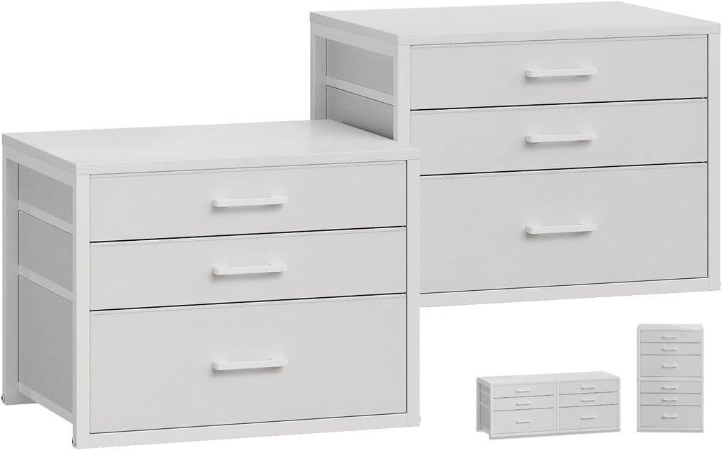 Closet Drawers Set of 2, White Closet Organizer with 3 Fabric Drawers, Stackable Storage Drawers for Closet, Bedroom, Dorm (White)
