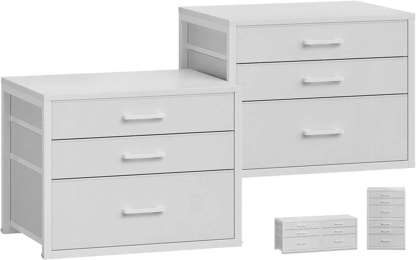 Closet Drawers Set of 2, White Closet Organizer with 3 Fabric Drawers, Stackable Storage Drawers for Closet, Bedroom, Dorm (White)