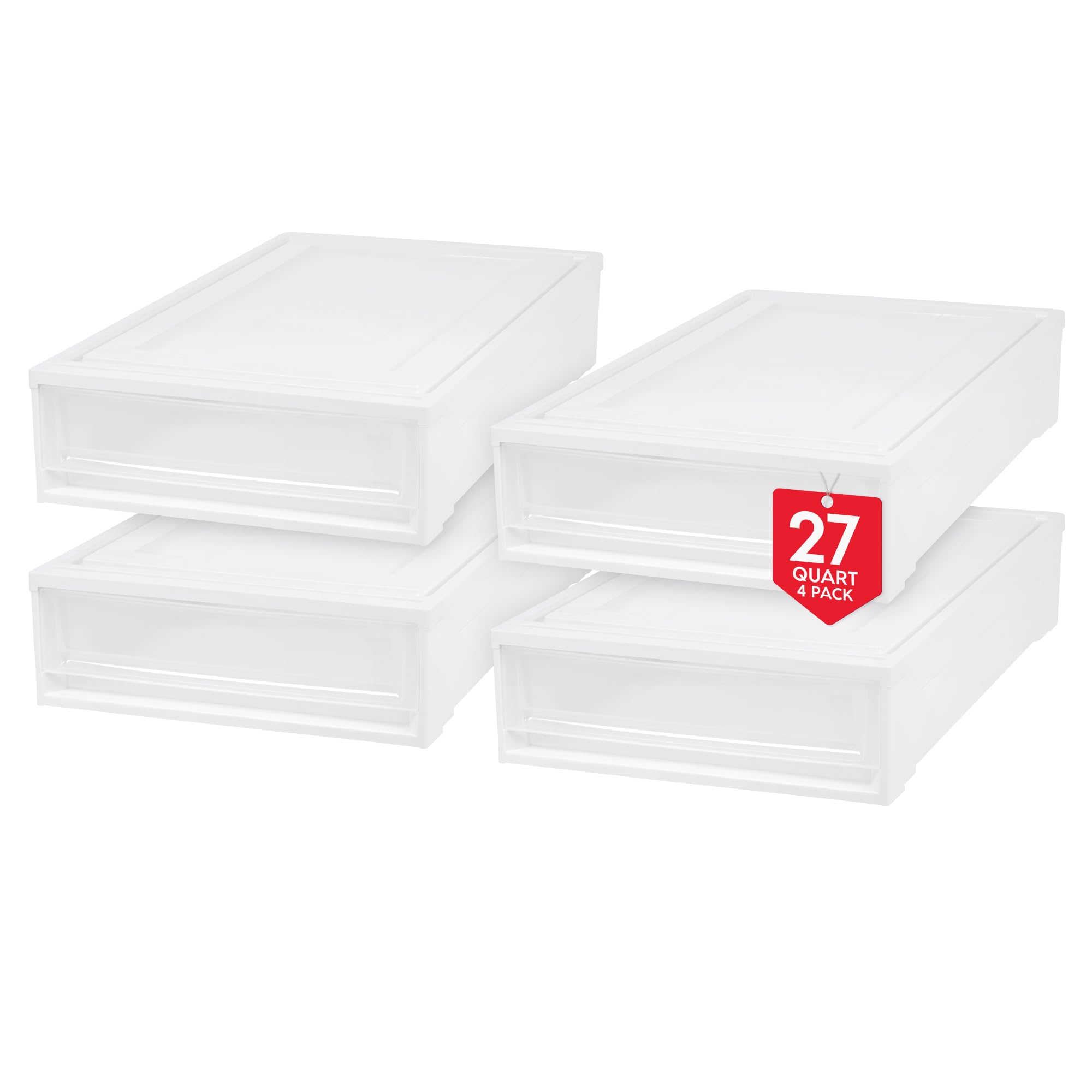 IRIS USA 17 Qt. Medium Plastic Stacking Drawer, Stackable Storage Organizer Unit with Sliding Drawer for Bedroom Kitchen Under Sink Pantry Craft Room Dorm Office, White, 4-Pack