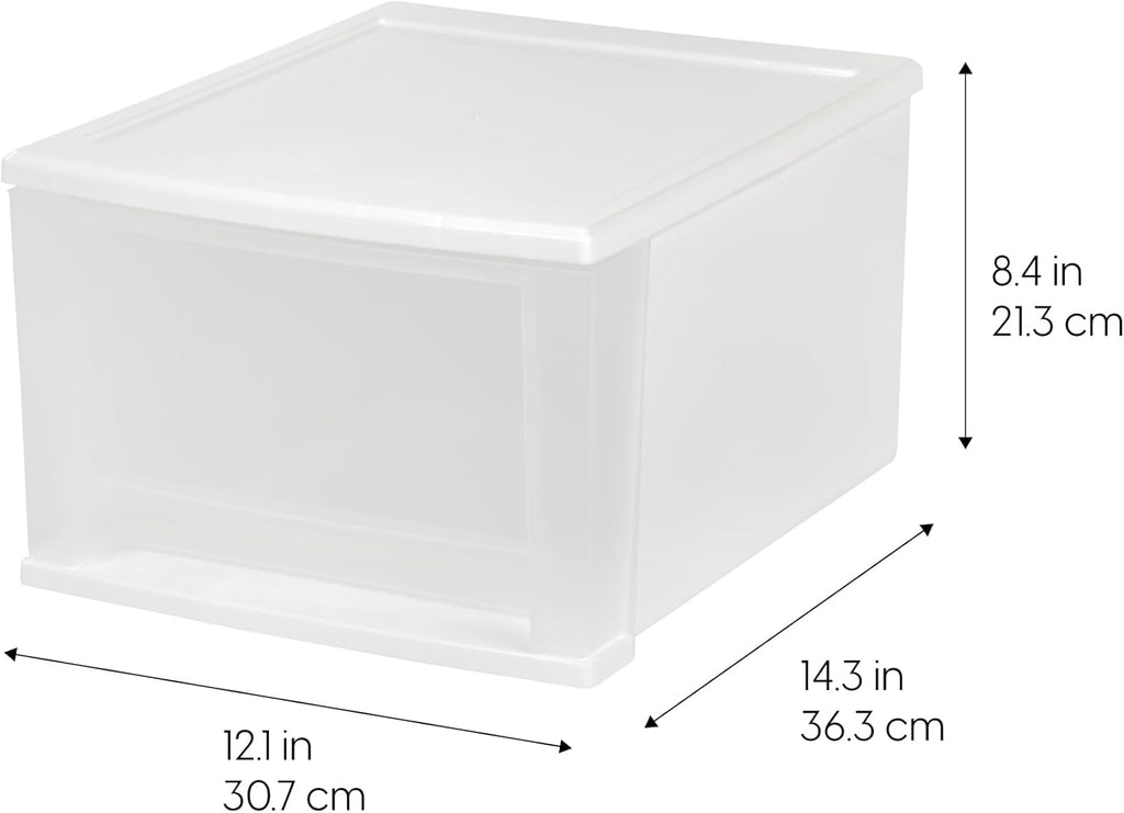 IRIS USA 17 Qt. Medium Plastic Stacking Drawer, Stackable Storage Organizer Unit with Sliding Drawer for Bedroom Kitchen Under Sink Pantry Craft Room Dorm Office, White, 4-Pack
