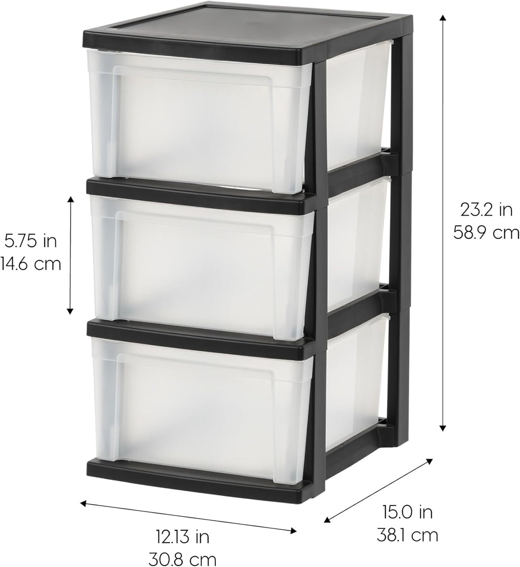 IRIS USA Plastic Drawer Storage Organizer, 3-Drawers, 2-Pack, for Classroom Art Craft Supplies, Bathroom Bedroom, Laundry Room, Black/Clear