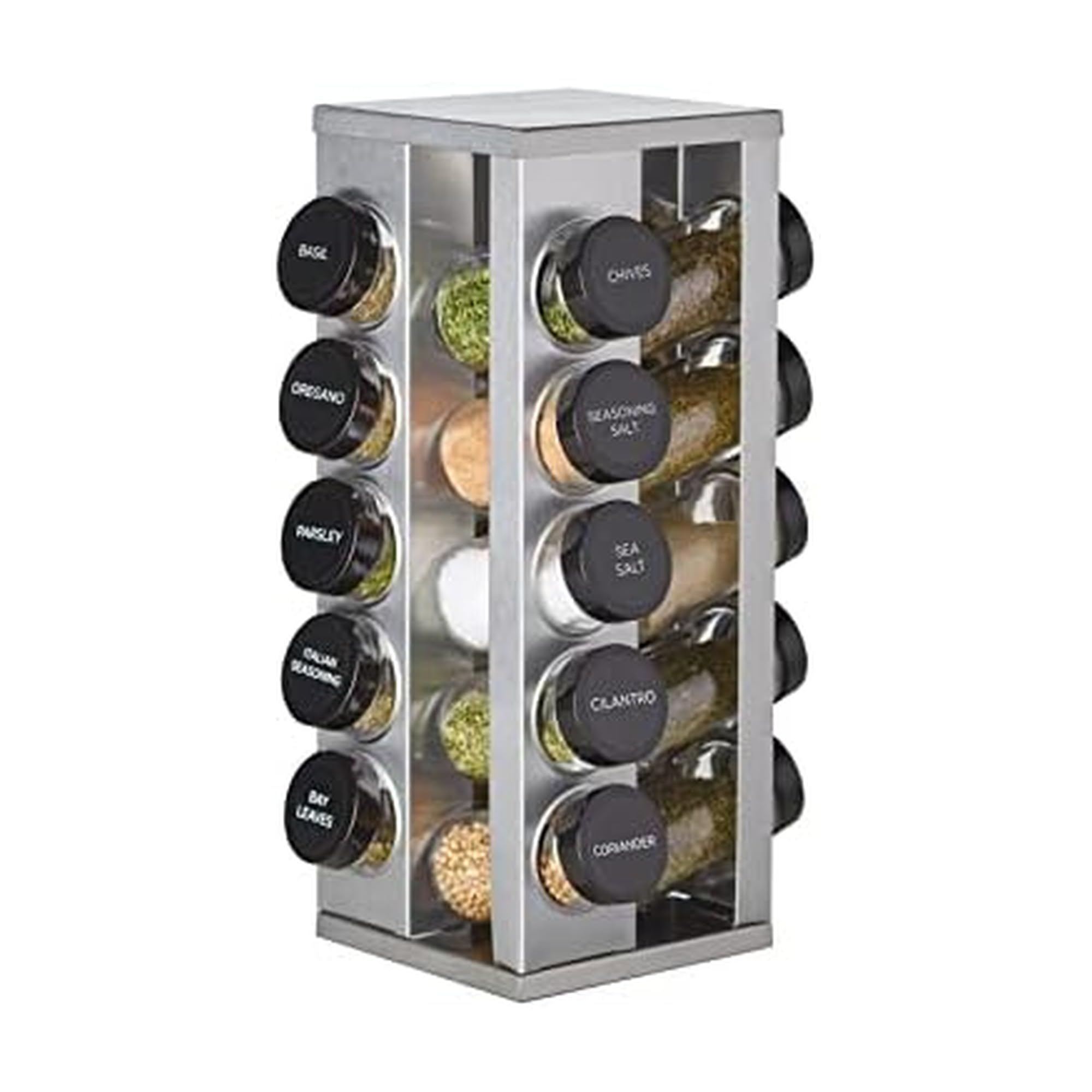 Kamenstein 20 Jar Vintage Revolving Countertop Spice Rack Organizer with Spices Included, FREE Spice Refills for 5 Years, Wood and Stainless Steel with Metal Caps