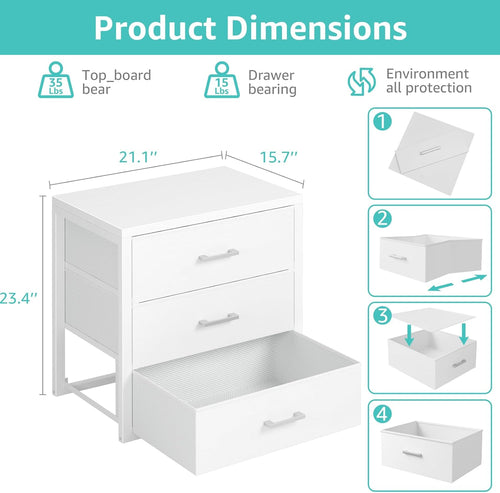 BOLUO Closet Drawers White 3 Drawer Dresser for Closet Organizers and Storage Bedroom Dorm Modern