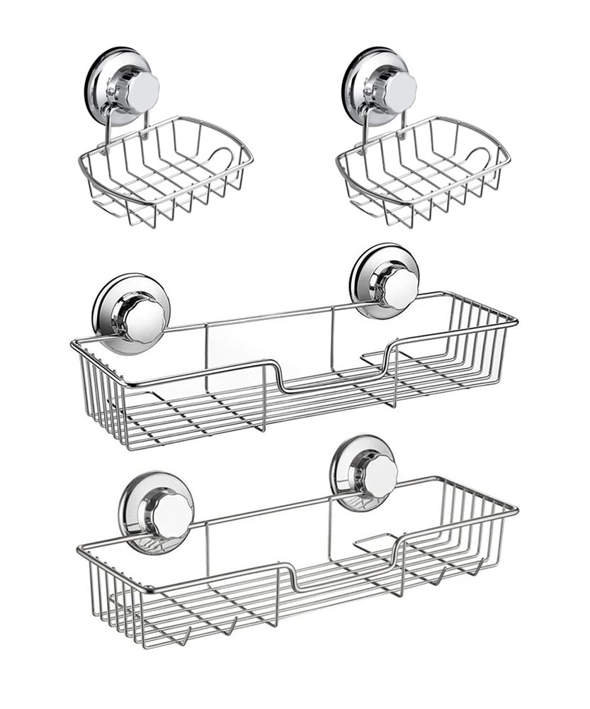 SANNO Suction Cups Shower Caddy Soap Dish Holder for Large Shampoo Shower Gel Holder Bathroom Storage Bath Organizer Kitchen Storage Basket for Shampoo, Conditioner, Soap- Rustproof Stainless Steel