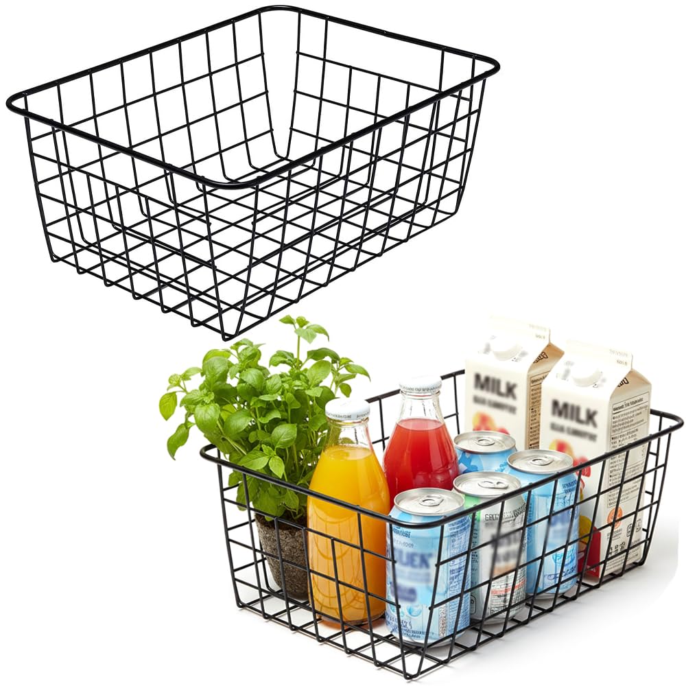 Kitchen Wire Baskets Farmhouse Decor Metal Food Storage Organizer,Household Refrigerator Bin with Built-in Handles for Cabinets,Pantry,Bathroom,Black
