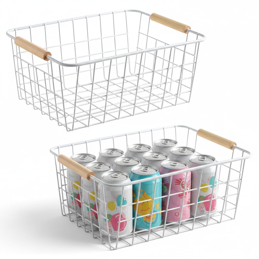 Kitchen Wire Baskets Farmhouse Decor Metal Food Storage Organizer,Household Refrigerator Bin with Built-in Handles for Cabinets,Pantry,Bathroom,Black