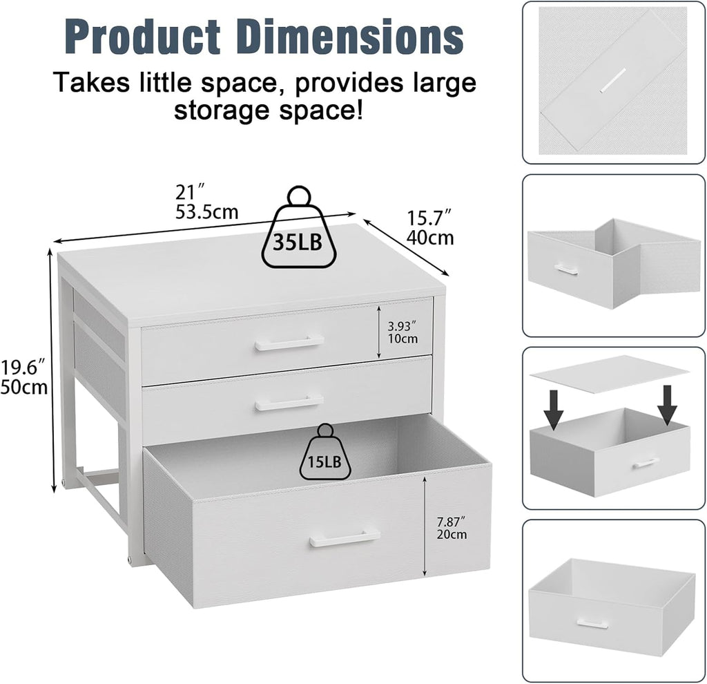 Closet Drawers Set of 2, White Closet Organizer with 3 Fabric Drawers, Stackable Storage Drawers for Closet, Bedroom, Dorm (White)
