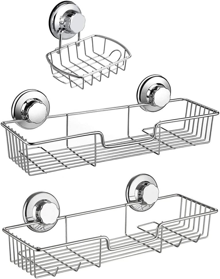 SANNO Suction Cups Shower Caddy Soap Dish Holder for Large Shampoo Shower Gel Holder Bathroom Storage Bath Organizer Kitchen Storage Basket for Shampoo, Conditioner, Soap- Rustproof Stainless Steel