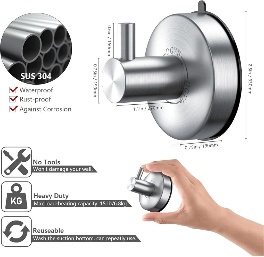 Suction Cup Hooks for Shower Brushed Nickel Towel Hanger Bathrooms SUS 304 Stainless Steel Home Storage Holder Hook(1 Pack)