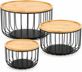 3PCS Metal Fruit Basket for Kitchen Counter Stackable Nesting Serving Trays with Bamboo Lids - Round Wire Vegetable Storage Bowls for Onions Potatoes Breads Snacks