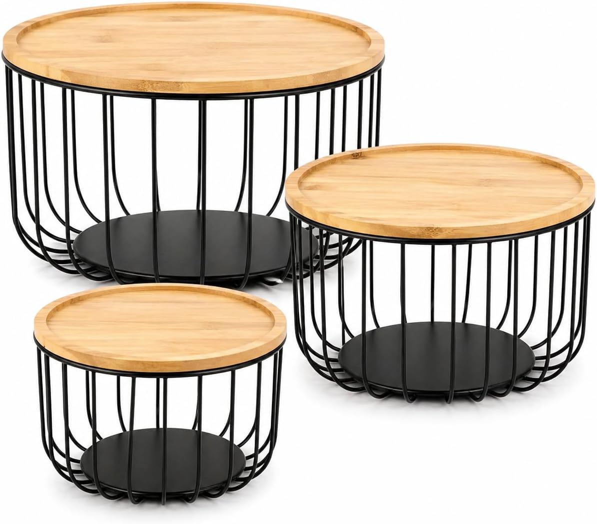 3PCS Metal Fruit Basket for Kitchen Counter Stackable Nesting Serving Trays with Bamboo Lids - Round Wire Vegetable Storage Bowls for Onions Potatoes Breads Snacks