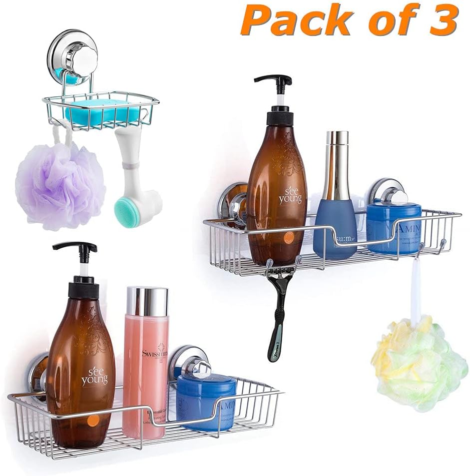 SANNO Suction Cups Shower Caddy Soap Dish Holder for Large Shampoo Shower Gel Holder Bathroom Storage Bath Organizer Kitchen Storage Basket for Shampoo, Conditioner, Soap- Rustproof Stainless Steel
