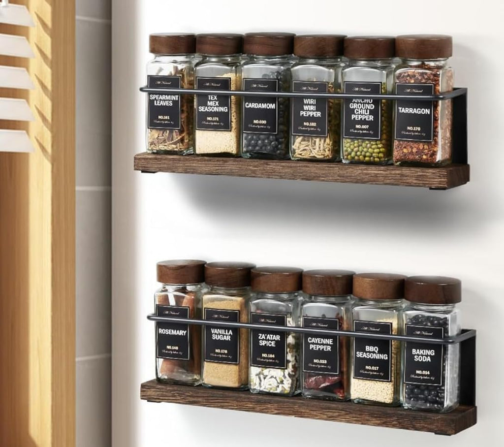 Wooden Lid Magnetic Spice Rack with 24 Jars, 216 Labels, 1 Steel Funnel for Refrigerator，Microwave Oven - Full Set of Spice Organizer