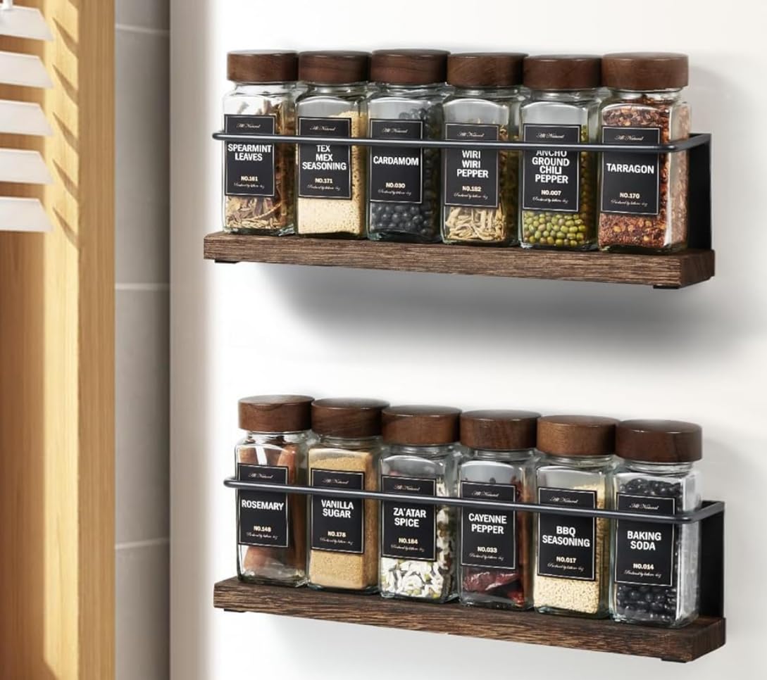 Wooden Lid Magnetic Spice Rack with 24 Jars, 216 Labels, 1 Steel Funnel for Refrigerator，Microwave Oven - Full Set of Spice Organizer