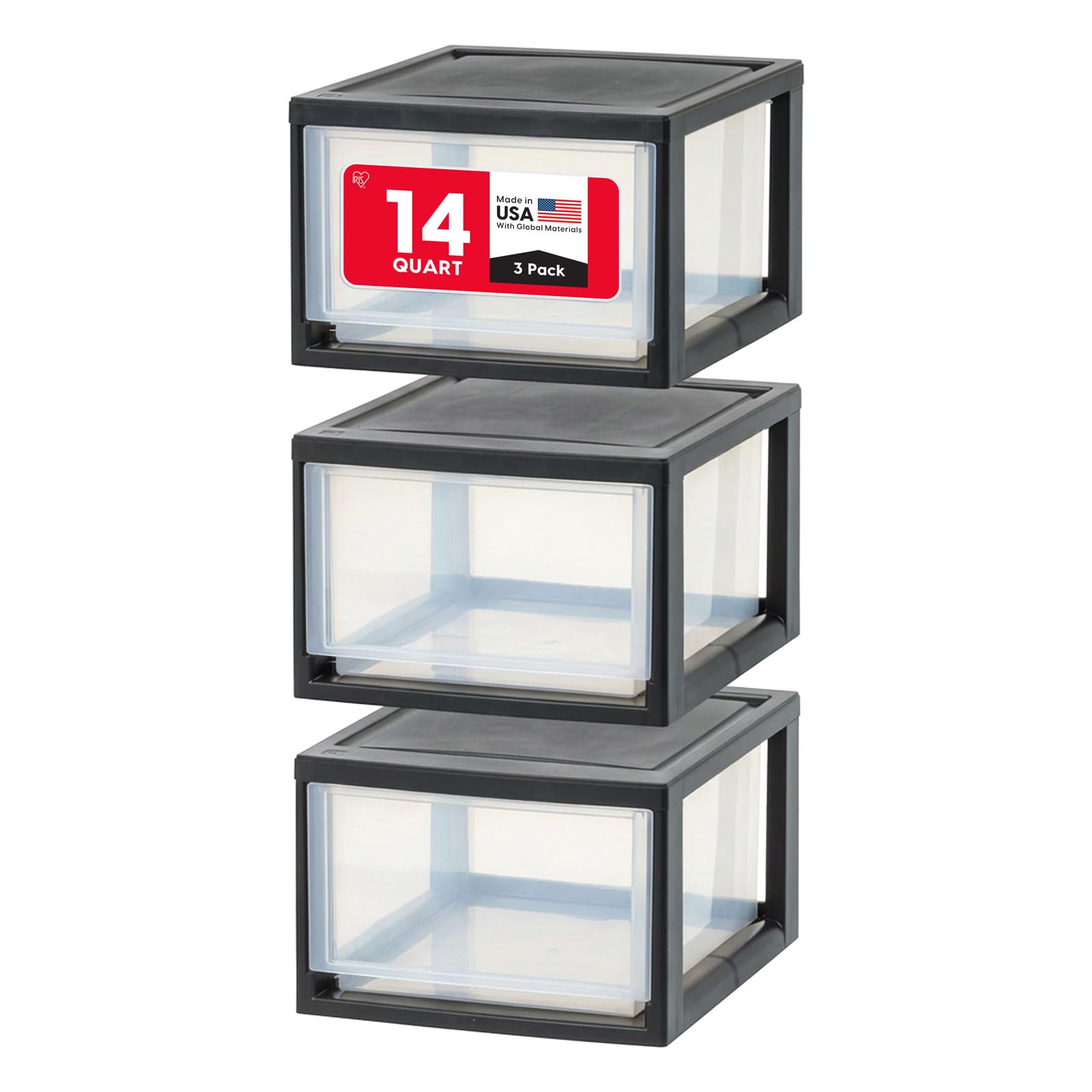 IRIS USA 30 Qt. Plastic Drawer Storage Organizer Stacking Drawers, 2-Pack, Stackable Unit with Sliding Drawer for Clothes Bedroom Kitchen Under Sink Pantry Craft Room Bathroom Dorm Office, Black