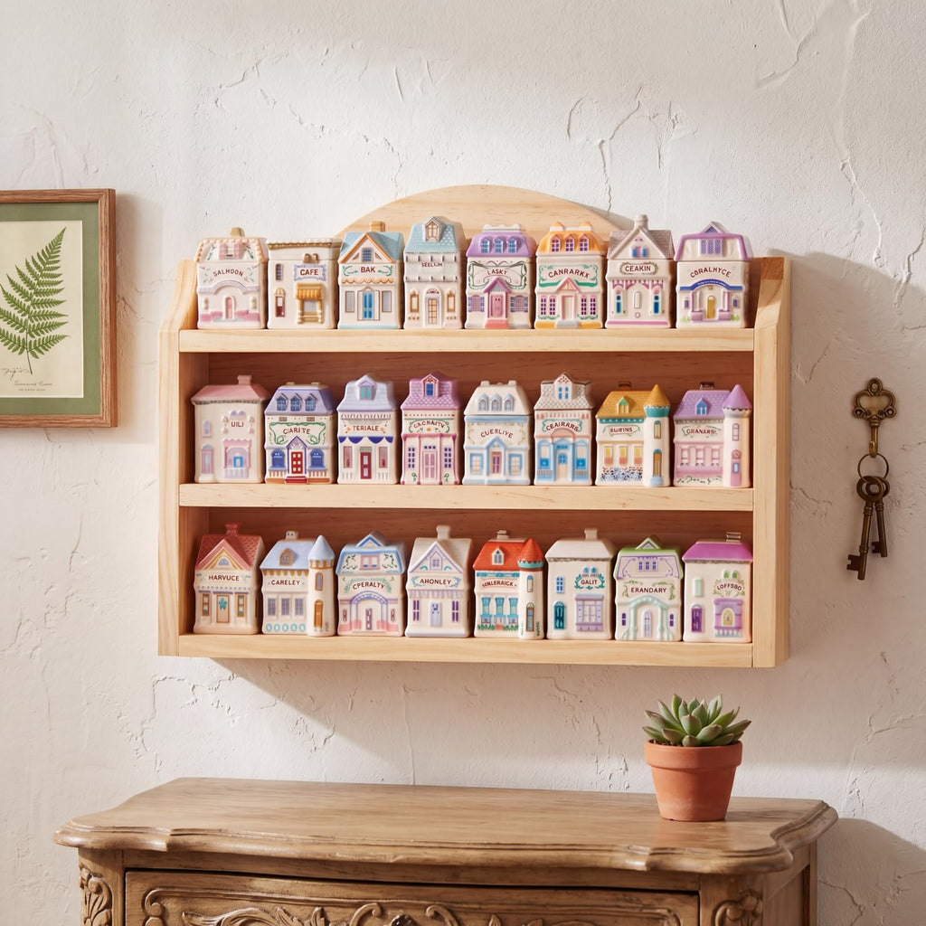 Chunful Spice Jar Wooden Rack Light Oak Farmhouse Spice Shelf for 24 Jars, Village Style Wall Mounting Kitchen Storage Decorative Hanging Display Rack, Shelf Only(20 x 14 Inches)
