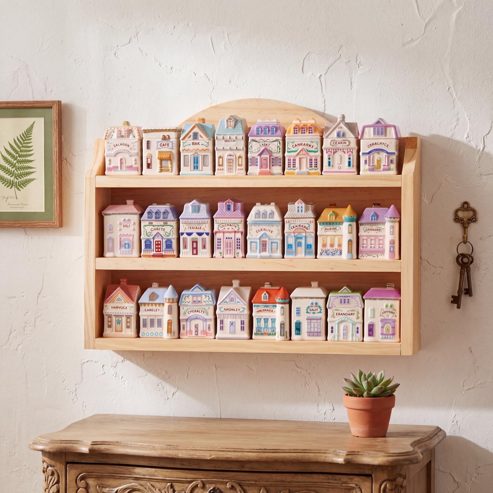 Chunful Spice Jar Wooden Rack Light Oak Farmhouse Spice Shelf for 24 Jars, Village Style Wall Mounting Kitchen Storage Decorative Hanging Display Rack, Shelf Only(20 x 14 Inches)