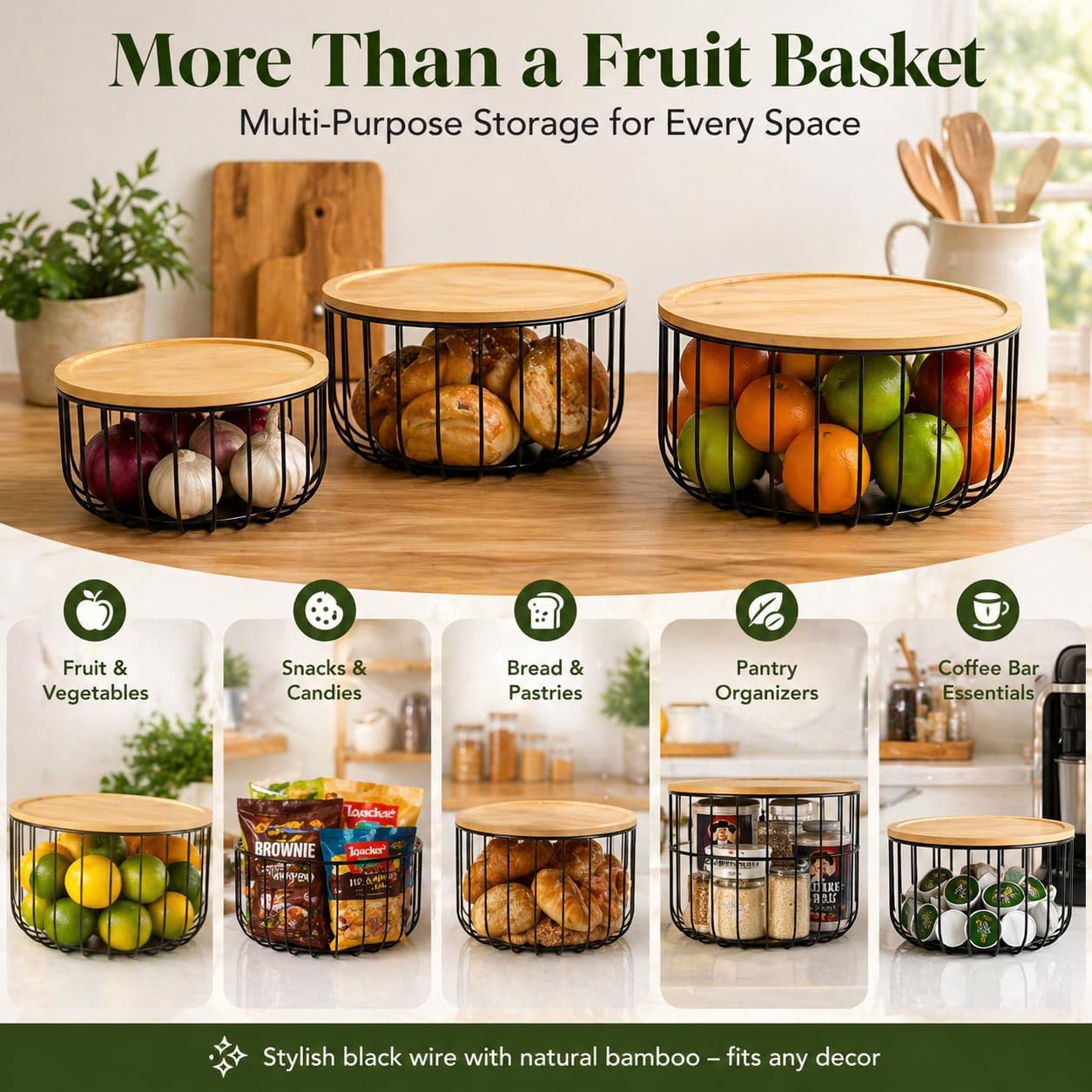 3PCS Metal Fruit Basket for Kitchen Counter Stackable Nesting Serving Trays with Bamboo Lids - Round Wire Vegetable Storage Bowls for Onions Potatoes Breads Snacks