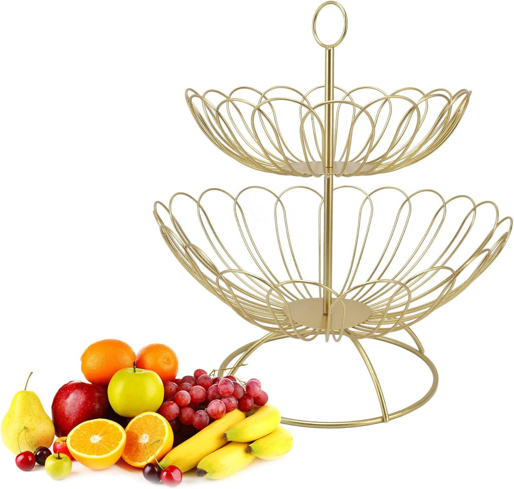2 Tier Fruit Basket Gold - Fruit Bowl for kitchen counter, Metal Wire Basket, Fruit Stand Holder Detachable for Bread Snacks Vegetable
