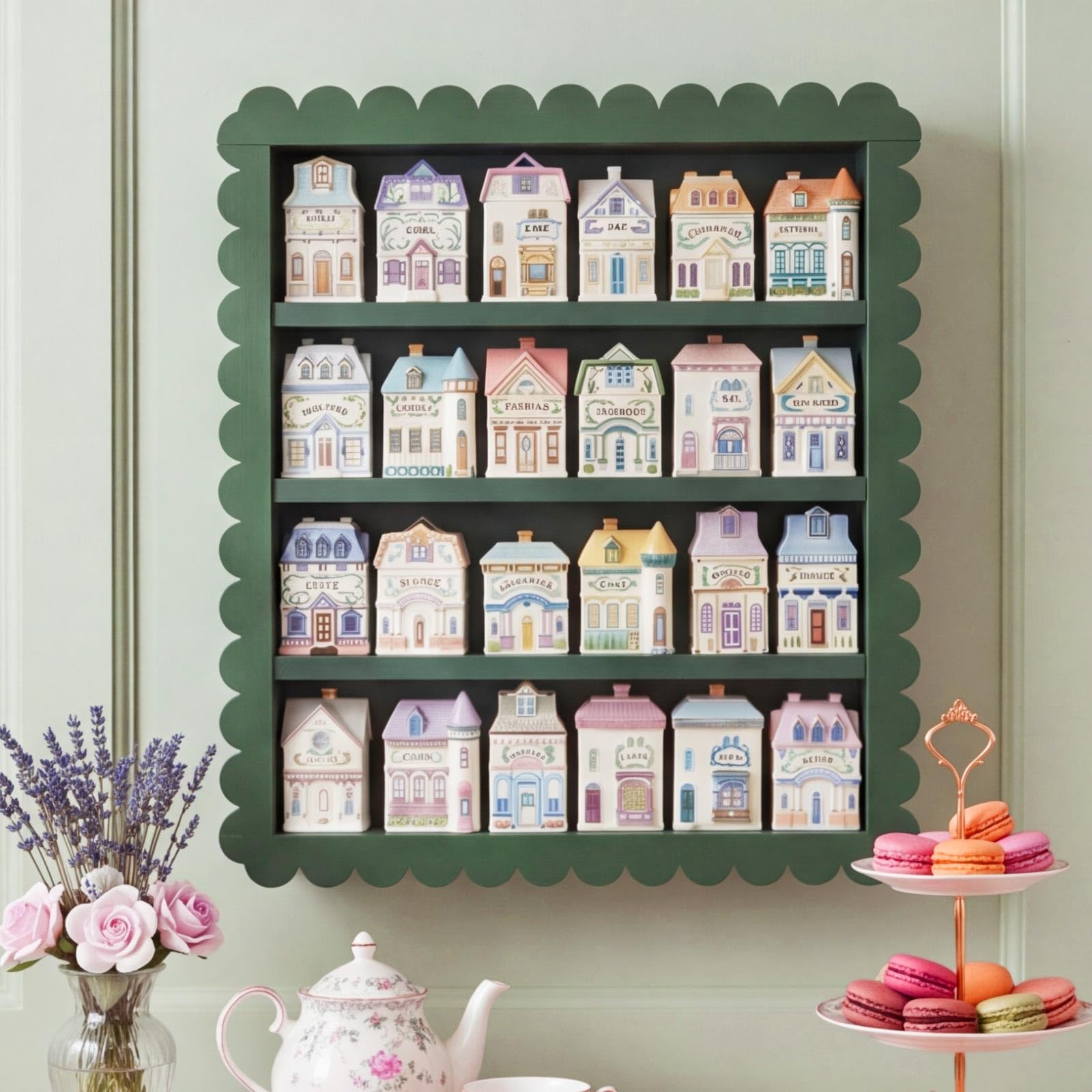 Chunful Vintage Spice Jar Wooden Rack Green Cottagecore Spice Shelf for 24 Jars, Village Style Wall Mounting Kitchen Storage Decorative Hanging Display Rack, Shelf Only
