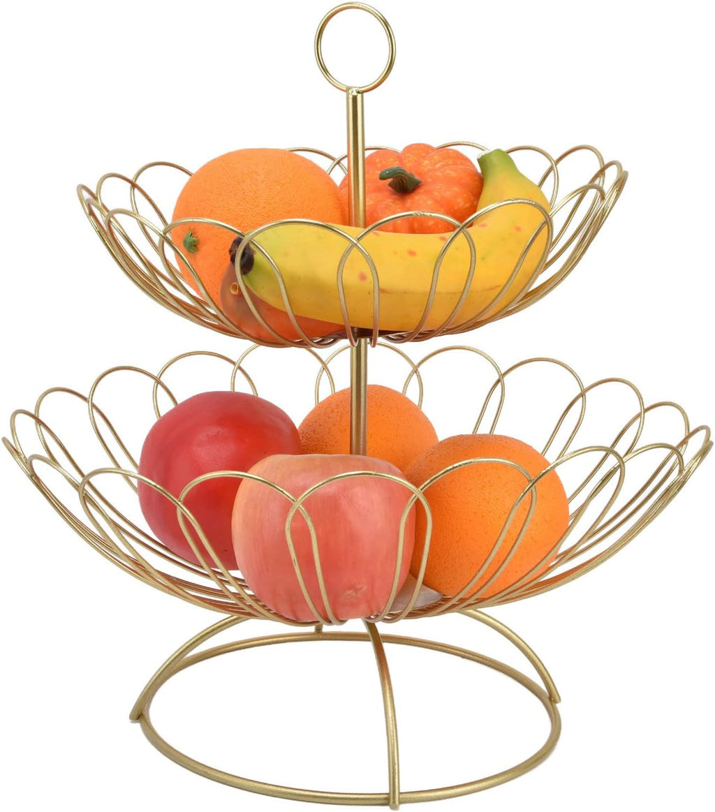2 Tier Fruit Basket Gold - Fruit Bowl for kitchen counter, Metal Wire Basket, Fruit Stand Holder Detachable for Bread Snacks Vegetable