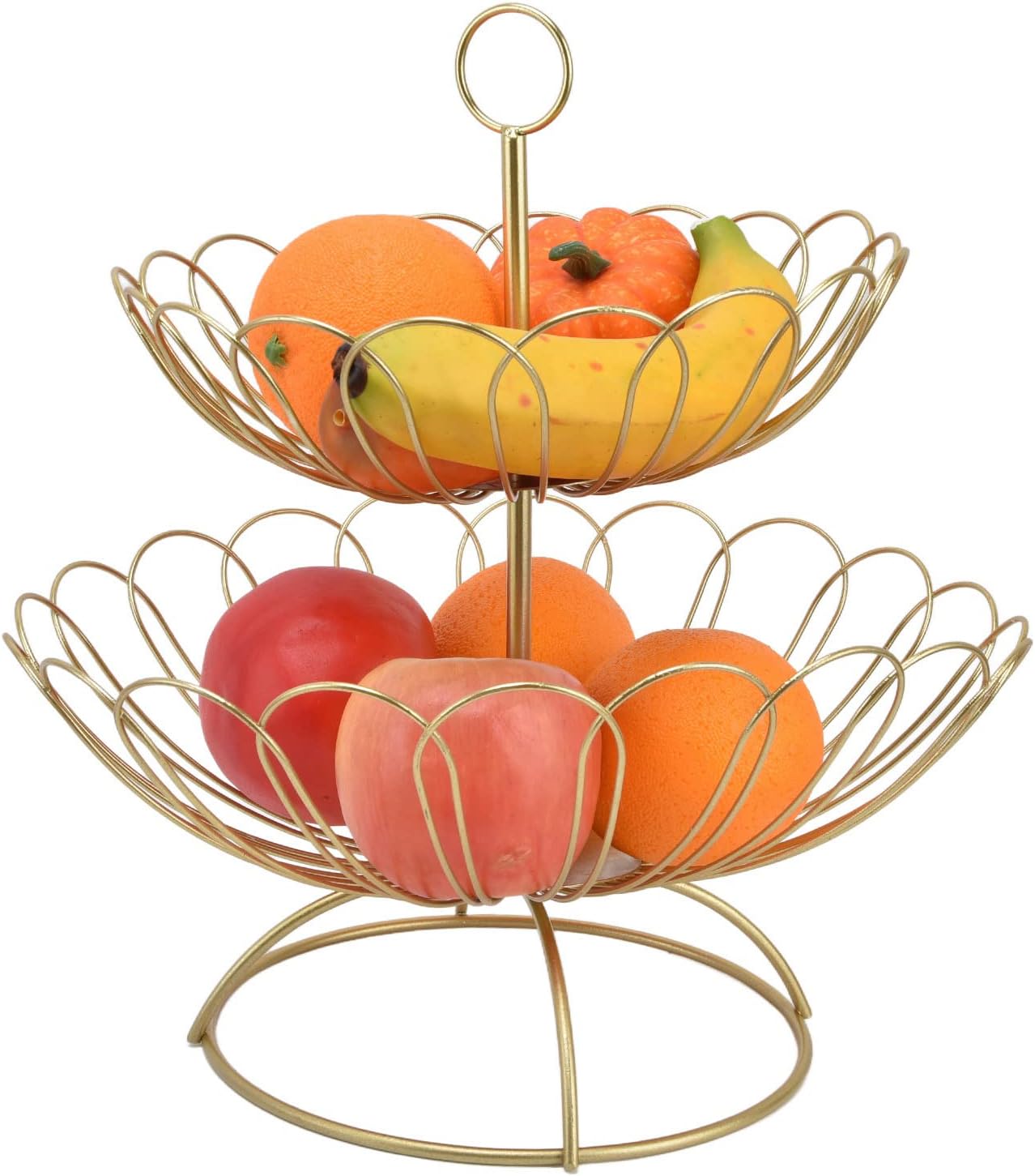 2 Tier Fruit Basket Gold - Fruit Bowl for kitchen counter, Metal Wire Basket, Fruit Stand Holder Detachable for Bread Snacks Vegetable