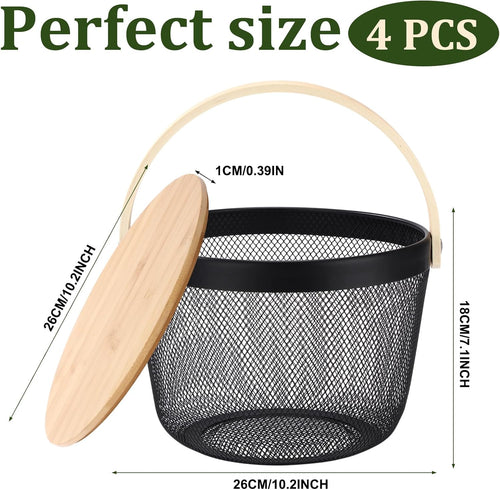 4 Pack Black Mesh Fruit Baskets with Bamboo Lids, Multi-use Kitchen Picnic Storage Organizer