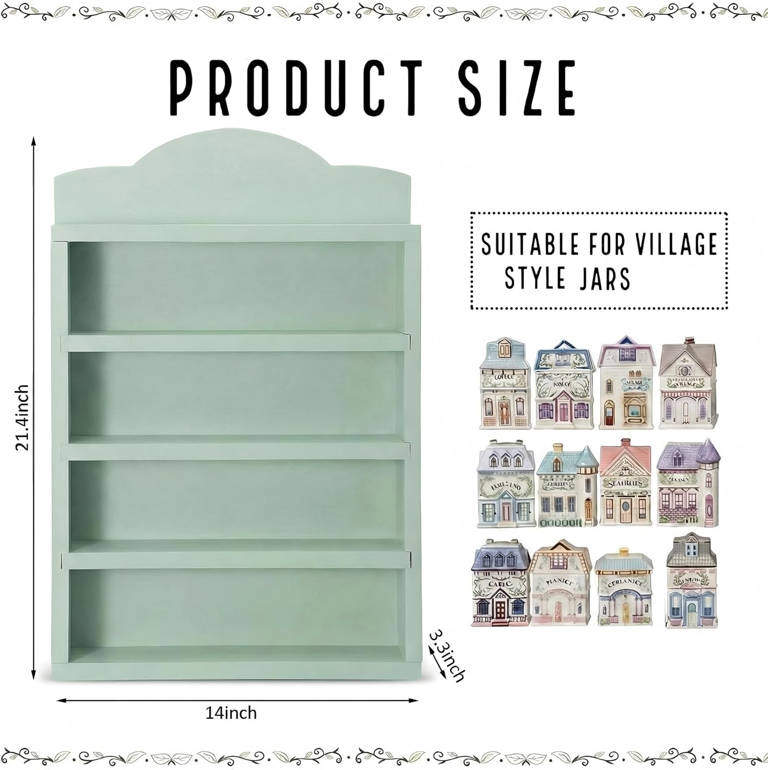 Chunful Vintage Spice Jar Wooden Rack Green Cottagecore Spice Shelf for 24 Jars, Village Style Wall Mounting Kitchen Storage Decorative Hanging Display Rack, Shelf Only