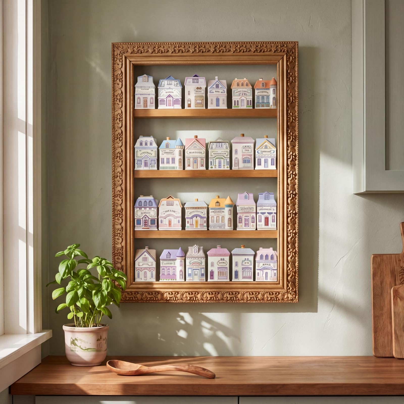 Chunful Spice Jar Wooden Rack Light Oak Farmhouse Spice Shelf for 24 Jars, Village Style Wall Mounting Kitchen Storage Decorative Hanging Display Rack, Shelf Only(20 x 14 Inches)