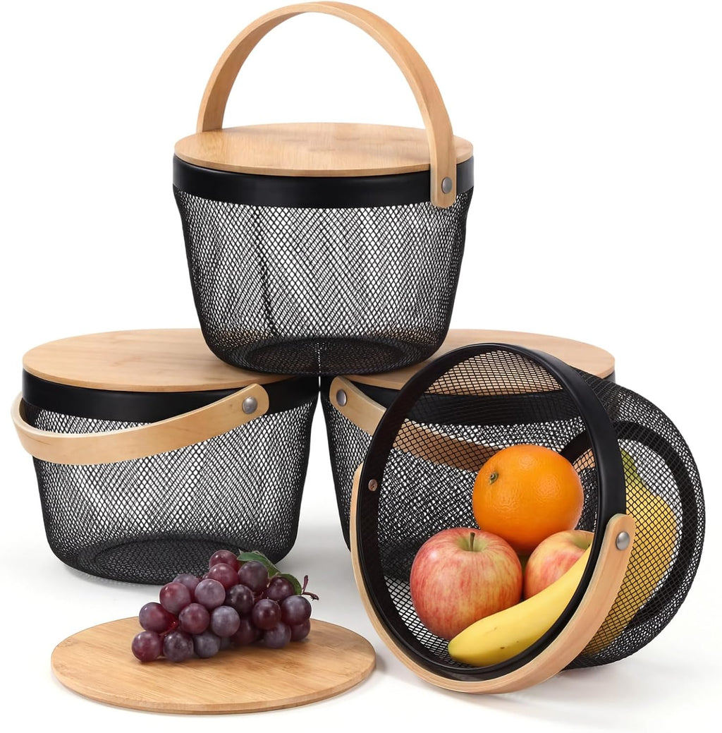 4 Pack Black Mesh Fruit Baskets with Bamboo Lids, Multi-use Kitchen Picnic Storage Organizer