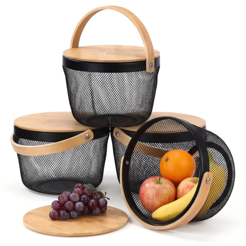 4 Pack Black Mesh Fruit Baskets with Bamboo Lids, Multi-use Kitchen Picnic Storage Organizer