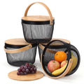4 Pack Black Mesh Fruit Baskets with Bamboo Lids, Multi-use Kitchen Picnic Storage Organizer