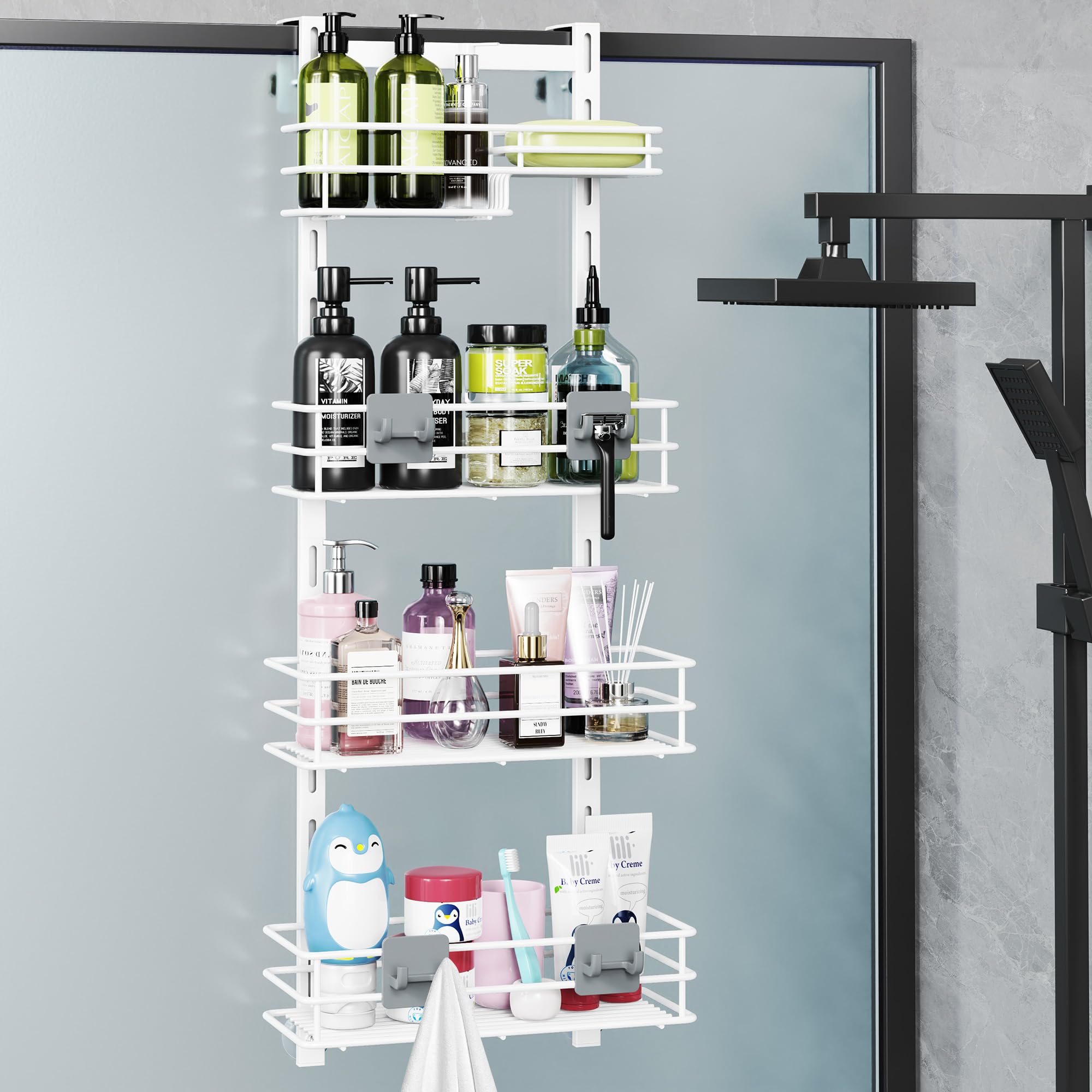 Orimade Over the Door Shower Caddy Adjustable 5 Tier Black,Bathroom Hanging Organizer Shelf Rustproof with 4 Hooks,Shower Basket with Soap Holder and Suction Cup
