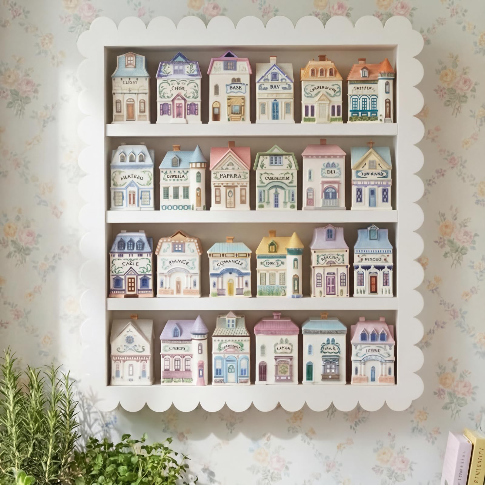 Chunful Vintage Spice Jar Wooden Rack Green Cottagecore Spice Shelf for 24 Jars, Village Style Wall Mounting Kitchen Storage Decorative Hanging Display Rack, Shelf Only