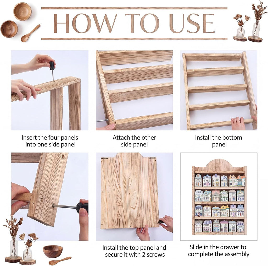Chunful Spice Jar Wooden Rack Light Oak Farmhouse Spice Shelf for 24 Jars, Village Style Wall Mounting Kitchen Storage Decorative Hanging Display Rack, Shelf Only(20 x 14 Inches)