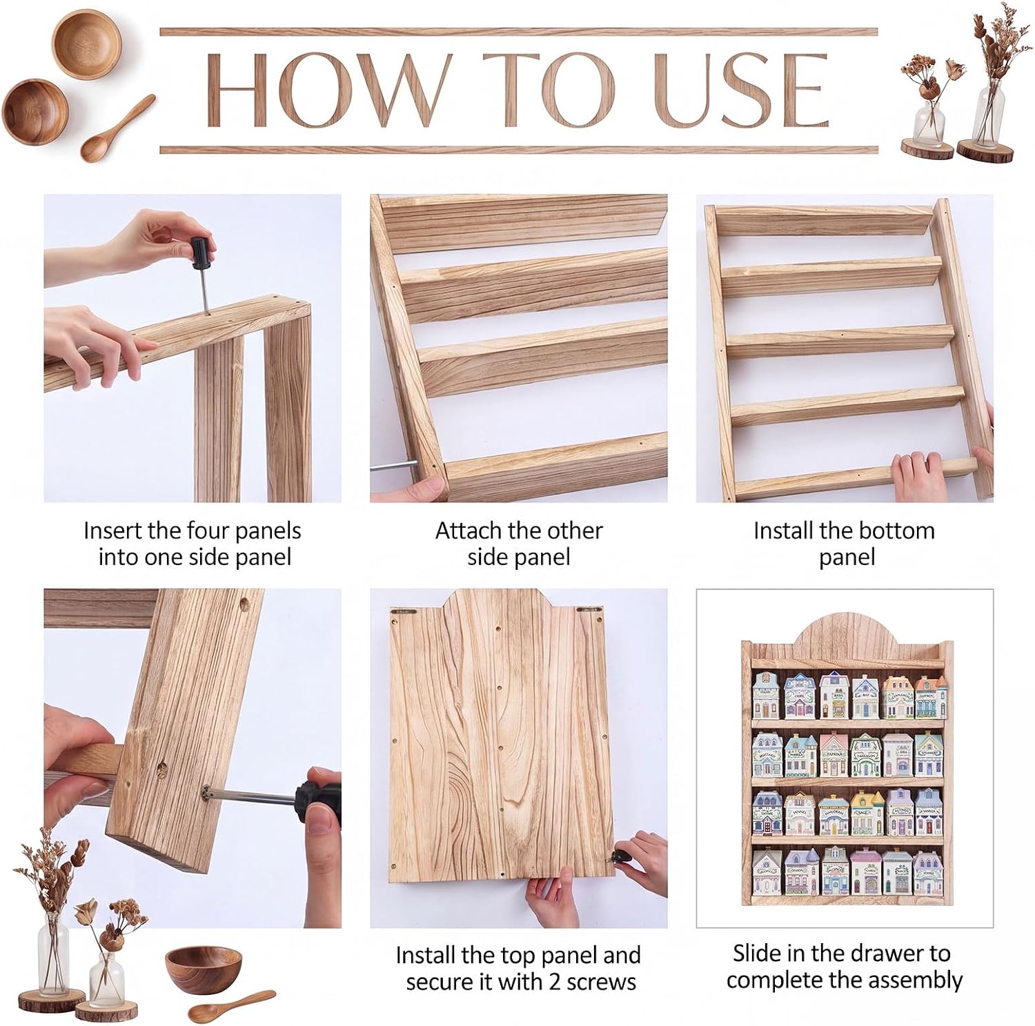 Chunful Spice Jar Wooden Rack Light Oak Farmhouse Spice Shelf for 24 Jars, Village Style Wall Mounting Kitchen Storage Decorative Hanging Display Rack, Shelf Only(20 x 14 Inches)