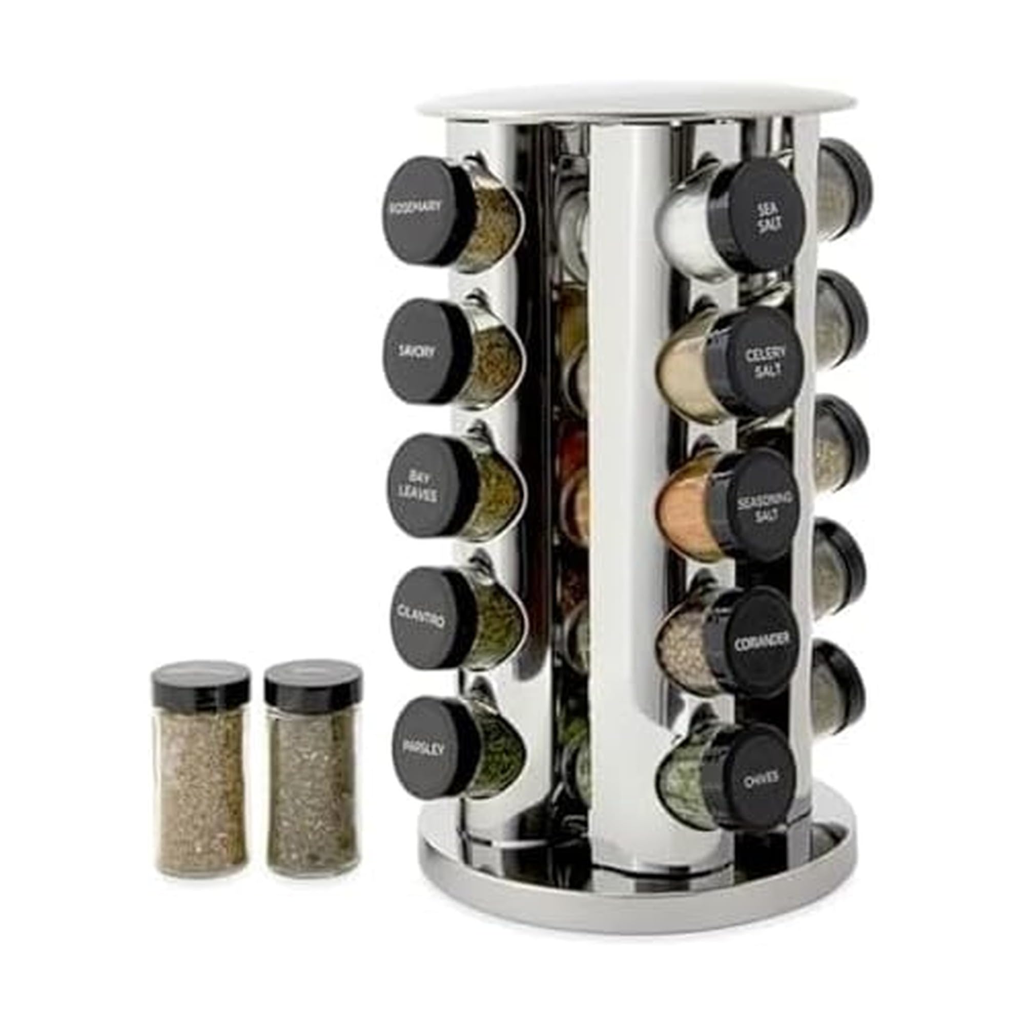 Kamenstein 20 Jar Vintage Revolving Countertop Spice Rack Organizer with Spices Included, FREE Spice Refills for 5 Years, Wood and Stainless Steel with Metal Caps