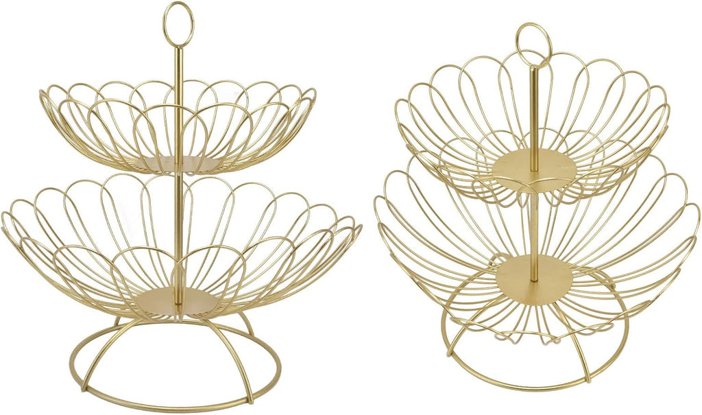 2 Tier Fruit Basket Gold - Fruit Bowl for kitchen counter, Metal Wire Basket, Fruit Stand Holder Detachable for Bread Snacks Vegetable