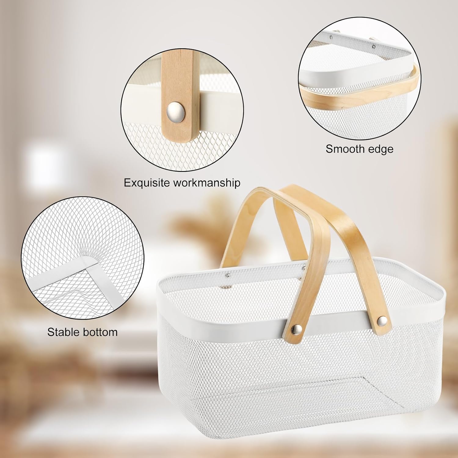 Sadnyy 4 Pcs White Metal Wire Storage Basket with Handle Mesh Harvest Durable Vegetables Fruit Toy Basket for Garden Organizing, Kitchen, Countertop, Closet, Bedroom (16 x 9.8 x 7.1 Inch)