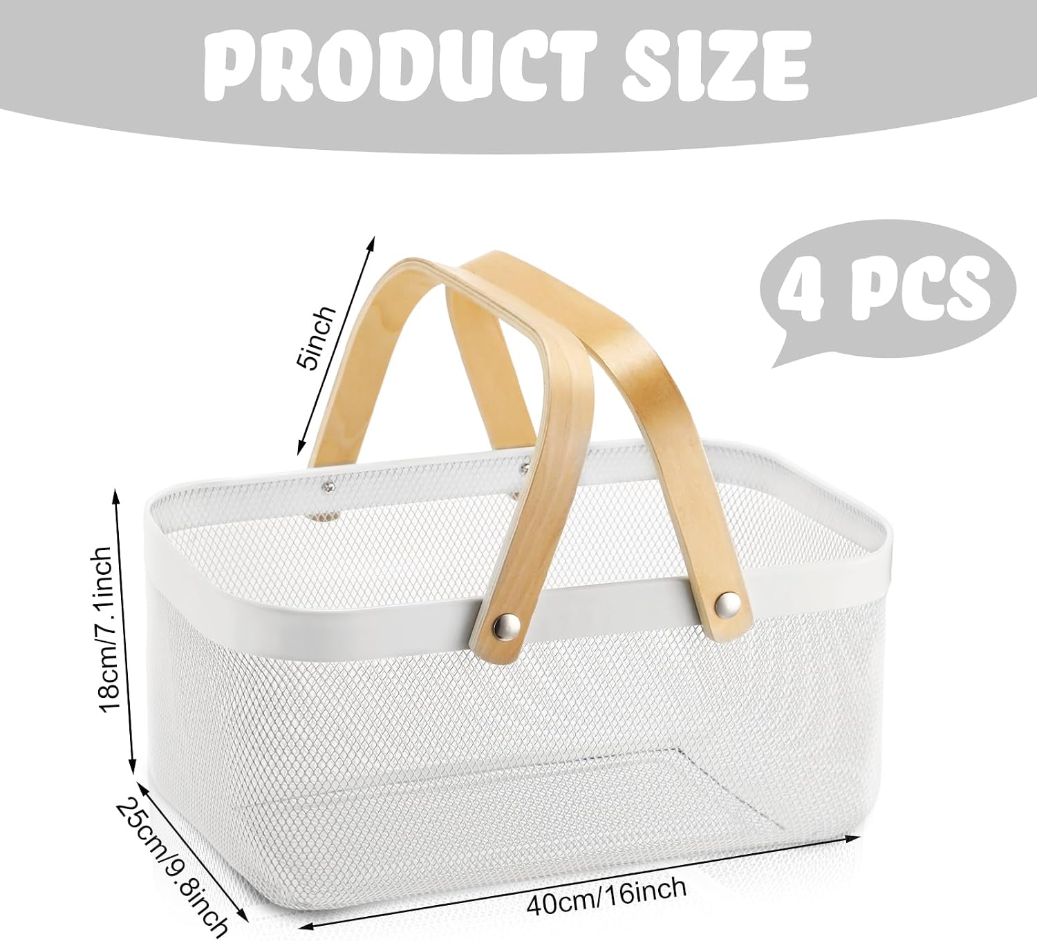 Sadnyy 4 Pcs White Metal Wire Storage Basket with Handle Mesh Harvest Durable Vegetables Fruit Toy Basket for Garden Organizing, Kitchen, Countertop, Closet, Bedroom (16 x 9.8 x 7.1 Inch)