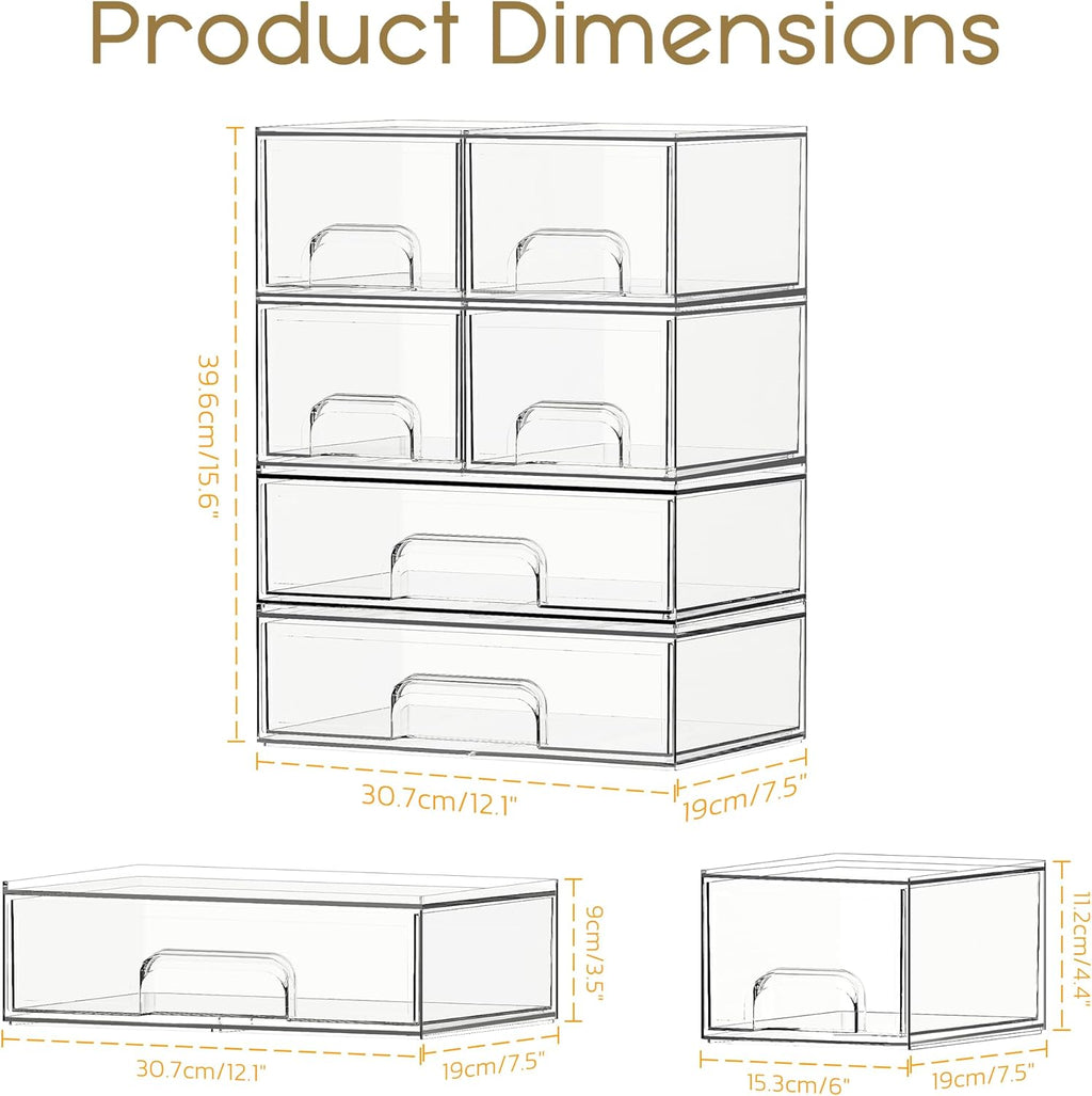 Criusia Stackable Storage Drawers, 6 Pack Clear Plastic Makeup & Bathroom Organizer, Versatile Storage Bins for Vanity, Under Sink, Kitchen Cabinets & Pantry