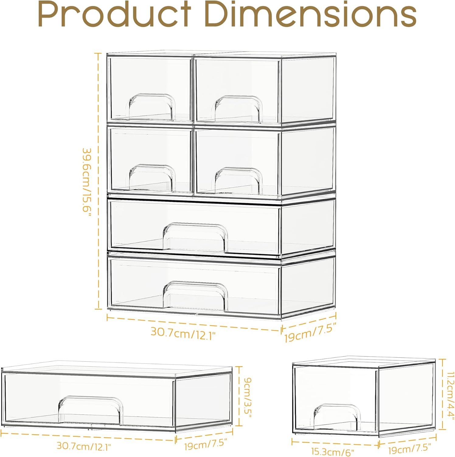 Criusia Stackable Storage Drawers, 6 Pack Clear Plastic Makeup & Bathroom Organizer, Versatile Storage Bins for Vanity, Under Sink, Kitchen Cabinets & Pantry