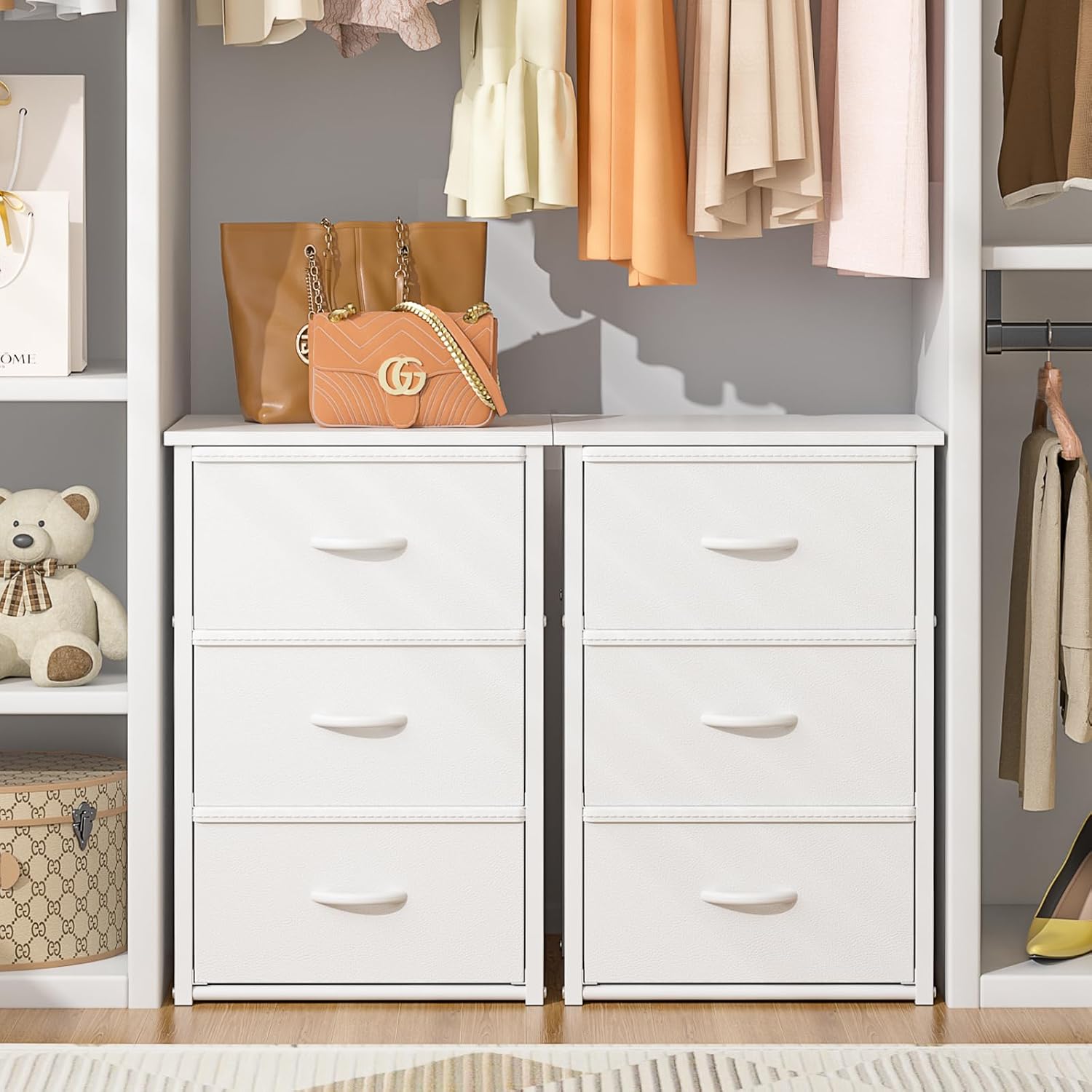 2-Pack Stackable Storage Drawers (6 Drawers Total), White Closet Drawers Organizer for Clothes with Wooden Top & Metal Frame, Freestanding or Stackable Dresser for Bedroom, Living Room, Under Bed