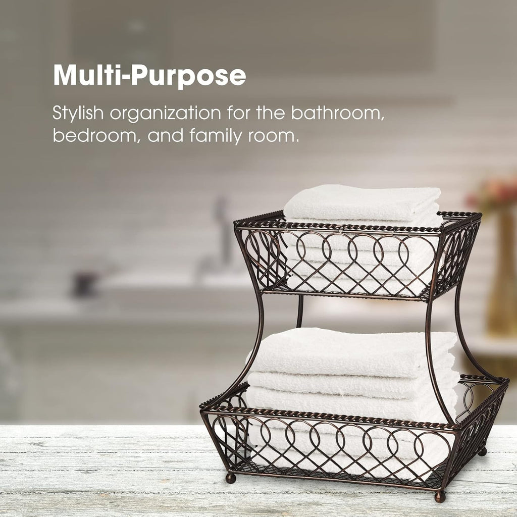 Gourmet Basics by Mikasa Loop and Lattice 2-Tier Rectangular Metal Countertop Basket, 14.25 x 12 Inches, Antique Black Finish, Kitchen Fruit and Bread Storage Organizer