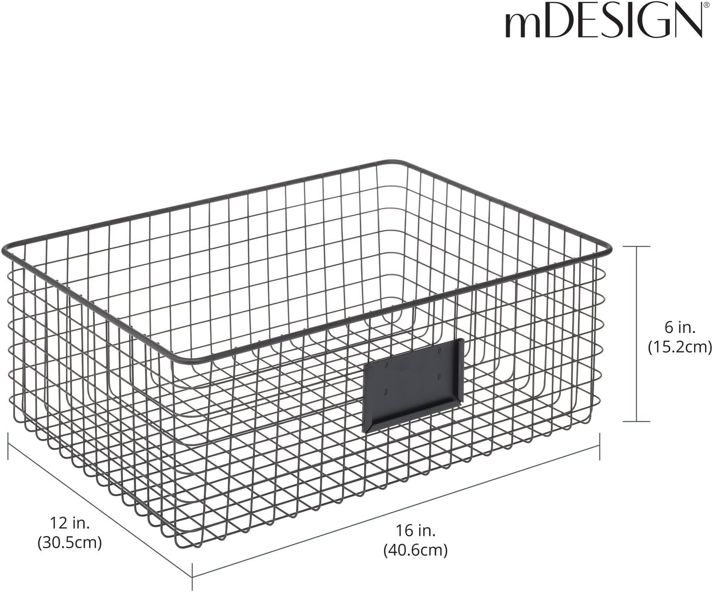 mDesign Wide Steel Wired Storage Organizer Bin Baskets with Label Slot for Kitchen Pantry, Cabinet, Organizing Holder for Food, Drinks, Snacks, Produce, Omaha Collection, 4 Pack, Matte Black