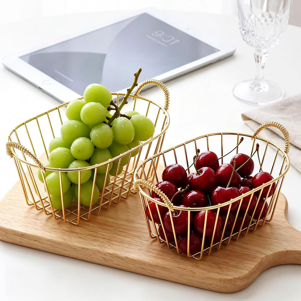 Gold 24 Pack Wire Basket Set 7.3 x 4.6 x 3.4'' Inch Reusable Oval Metal Fast Food Baskets with Handle Bread Boxes for Fruit, Burger, Sandwich, Fried Chicken, French Fries, Potato Chips