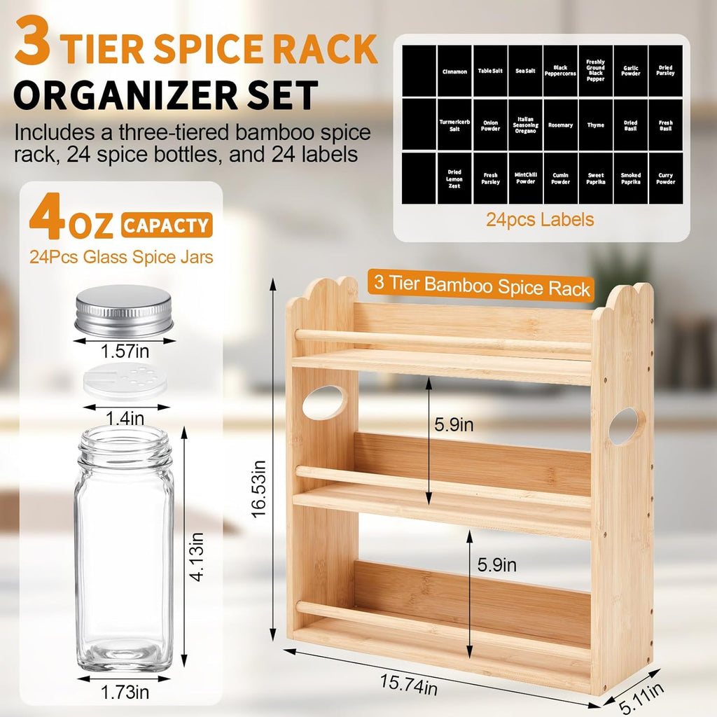Domensi 3 Tier Bamboo Spice Rack Organizer with 24 Spice Glass Jars - 4 oz Glass Seasoning Jars with Labels, Seasoning Jar Rack Shelf Set for Kitchen Countertop or Wall Mounting Spices Storage Holder