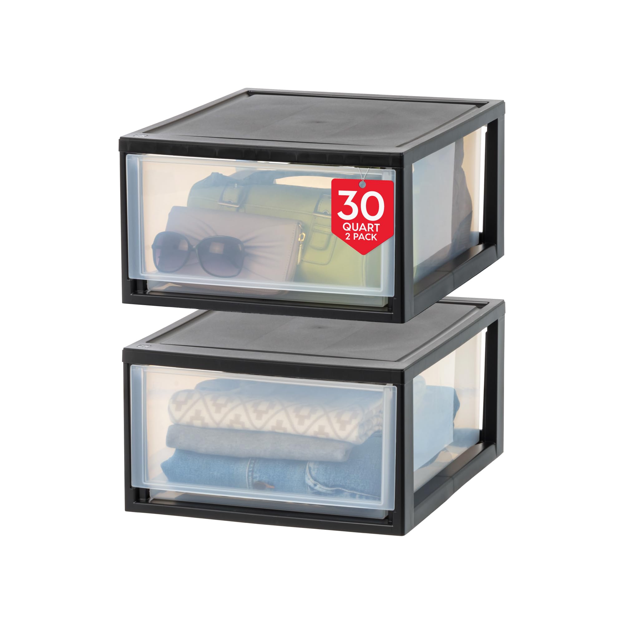 IRIS USA 30 Qt. Plastic Drawer Storage Organizer Stacking Drawers, 2-Pack, Stackable Unit with Sliding Drawer for Clothes Bedroom Kitchen Under Sink Pantry Craft Room Bathroom Dorm Office, Black