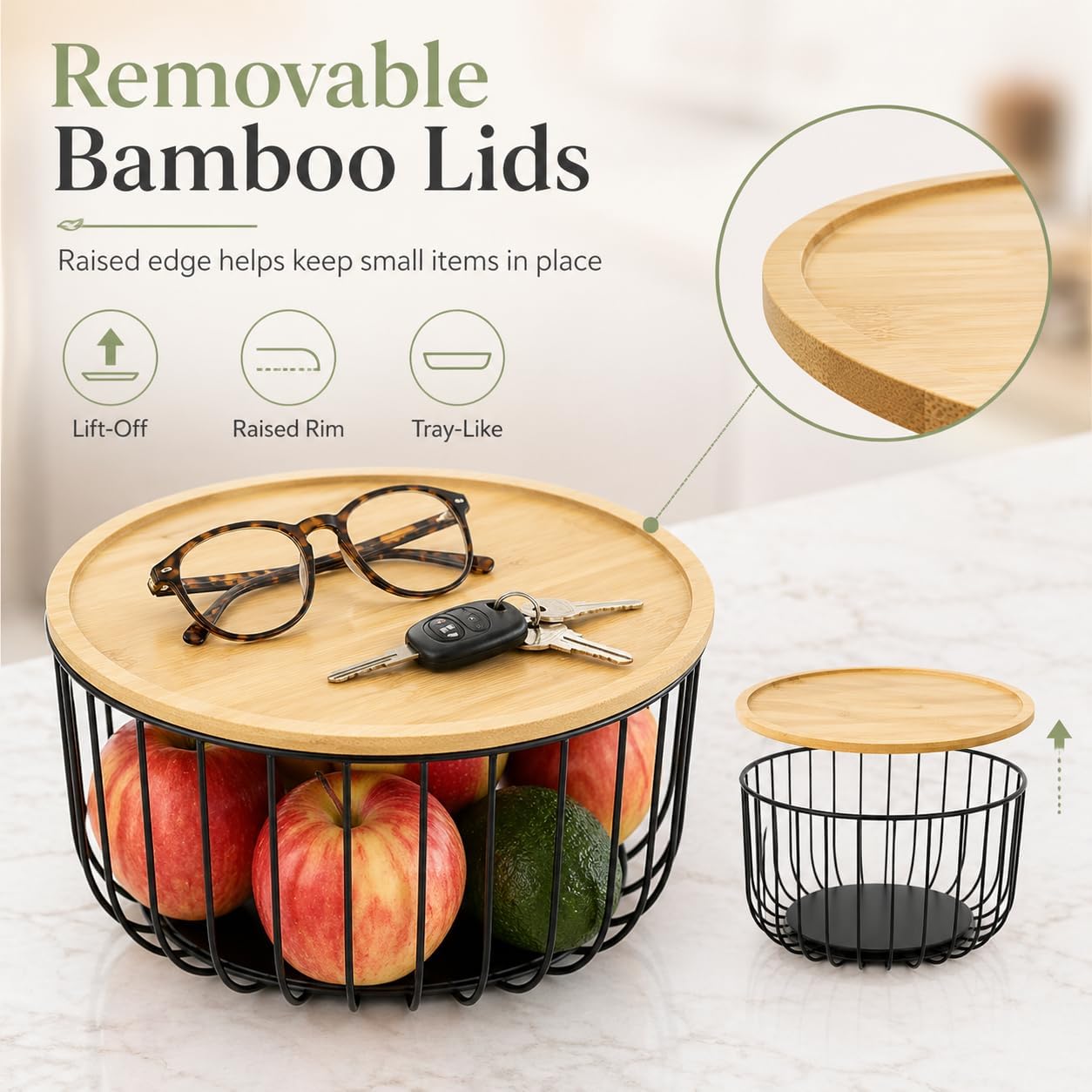 3PCS Metal Fruit Basket for Kitchen Counter Stackable Nesting Serving Trays with Bamboo Lids - Round Wire Vegetable Storage Bowls for Onions Potatoes Breads Snacks