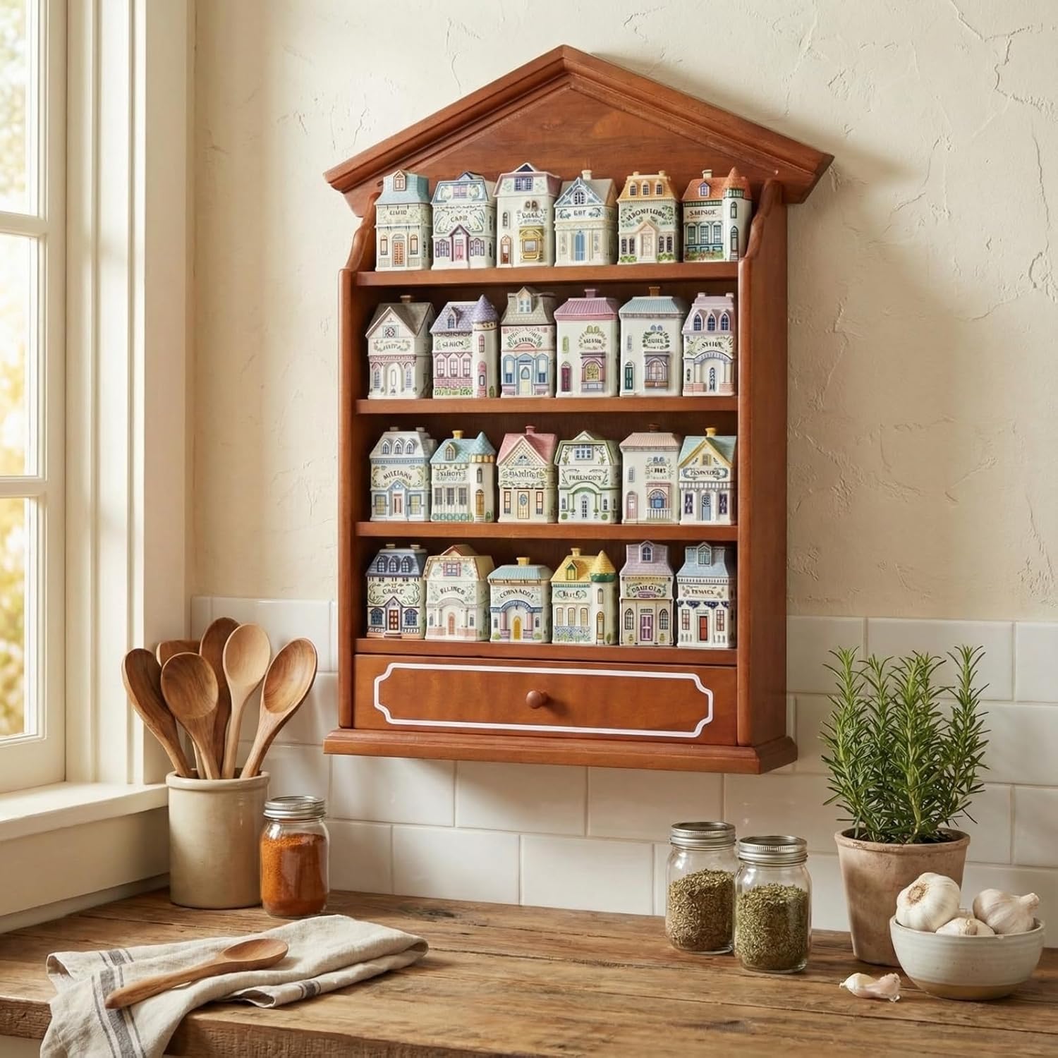 4-Tier Wall Mount Wooden Spice Rack Holds 24 Jars, Farmhouse Kitchen Decor Gift